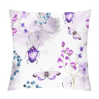 Personality Bright Colorful Realistic Bug And Flowers . Hand Drawn Watercolor Seamless Pattern .Mixed Media Art. Pillow Covers