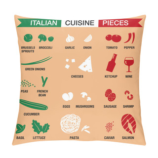 Personality  Illustration Of Italian Cuisine Pieces. Foods And Ingredients Separated By The National Flag Colors. Beige Background. Pillow Covers