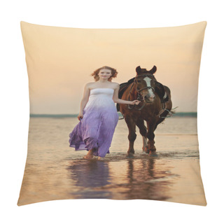 Personality  Beautiful Woman Riding A Horse At Sunset On The Beach. Young Gir Pillow Covers