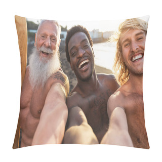 Personality  Happy Fit Surfers With Different Age And Race Taking Selfie While Having Fun Surfing Together At Sunset Time - Extreme Sport Lifestyle And Friendship Concept Pillow Covers