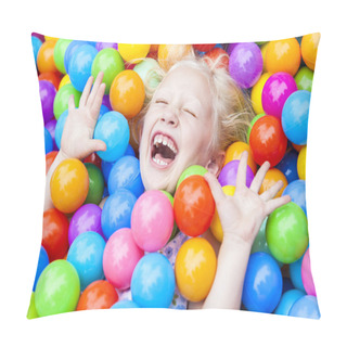 Personality  Blond Girl Child Having Fun Playing In Colored Balls Pillow Covers