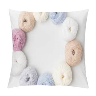 Personality  Top View Of Circle Of Colored Yarn Balls On White Background   Pillow Covers