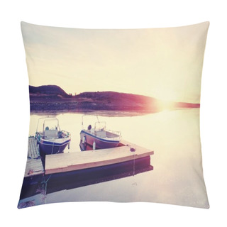 Personality  Fihing Boat Docked In The Harbor At Floating Wooden Pier. Background Beautiful Sky Pillow Covers
