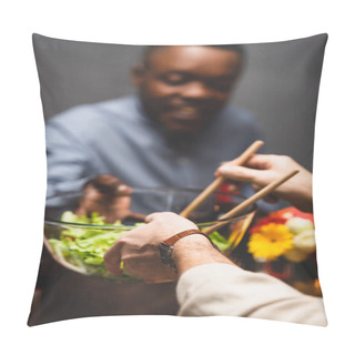 Personality  Cropped View Of Woman Giving Bowl With Salad To African American Friend During Dinner  Pillow Covers
