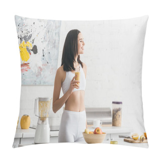 Personality  Attractive Fit Sportswoman Smiling And Holding Glass Of Smoothie Near Measuring Tape On Kitchen Table Pillow Covers