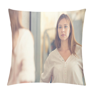 Personality  Young Woman Looking In The Mirror Portrait In A Shop Pillow Covers