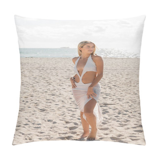 Personality  Young Beautiful Blonde Woman Stands Victorious Atop Sandy Miami Beach, Embodying Grace And Tranquility. Pillow Covers