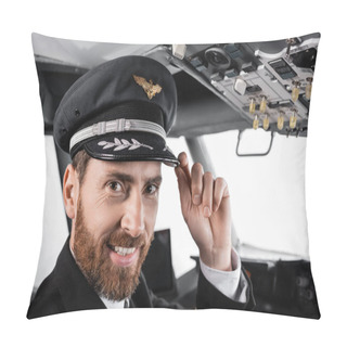 Personality  Cheerful Pilot Adjusting Cap And Looking At Camera In Airplane Simulator  Pillow Covers