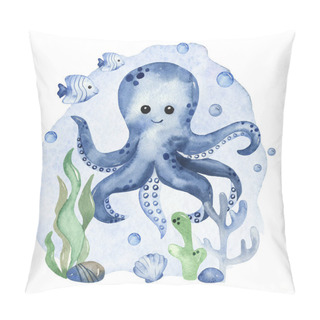 Personality  Octopus, Fish, Shell, Coral, Seaweed. Watercolor Children's Composition Pillow Covers
