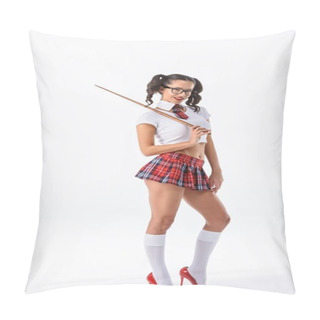 Personality  Young Seductive Schoolgirl With Wooden Pointer Isolated On White Pillow Covers
