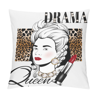 Personality  Drama Queen. Vector Hand Drawn Illustration Of Girl In Wig With Pomade Isolated. Creative  Artwork With Pearls And Leopard Print. Template For Card, Poster, Banner, Print For T-shirt, Pin, Badge, Patch. Pillow Covers