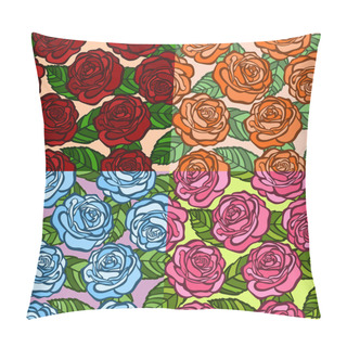 Personality  Set Of Seamless Background. Roses With Green Leaves In The Old Style. Pillow Covers