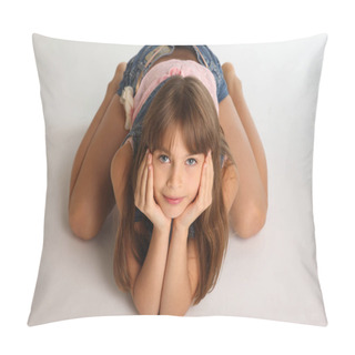 Personality  Beautiful Girl In A Denim Shorts Is Resting On The Floor Barefoot. Elegant Attractive Child With A Slender Body And Bare Long Legs. The Young Schoolgirl Is 9 Years Old. Pillow Covers