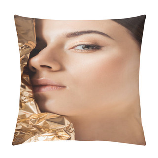 Personality  Young Beautiful Woman With Shiny Makeup Near Golden Foil Looking At Camera Pillow Covers