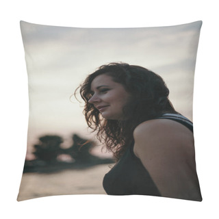Personality  Beautiful Brown-haired Woman In  Black T-shirt On  Blurred Backg Pillow Covers