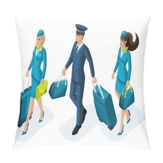 Personality  Isometric Group Of Employees Of International Airlines, Flight Attendants, Pilot, Captain Of An Aircraft. Plane For Travel Pillow Covers