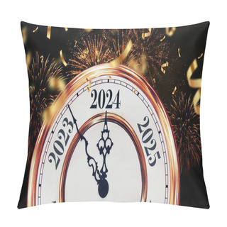 Personality  Vintage Golden Clock Points To 2024 New Year With Confetti And Fireworks. New Year Card, Concept. Christmas, Creative Idea Pillow Covers