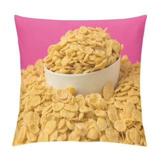 Personality  Close-up View Of White Bowl With Tasty Crispy Corn Flakes On Pink  Pillow Covers