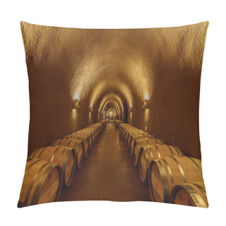 Personality  Napa, California - April 28, 2019: Underground Barrel Cave At Jarvis Estate. Due To The Invariant Temperature And High Humidity Level Of Caves, Wineries Have Typically Used Caves For The Barrel Aging Of Wines. Pillow Covers