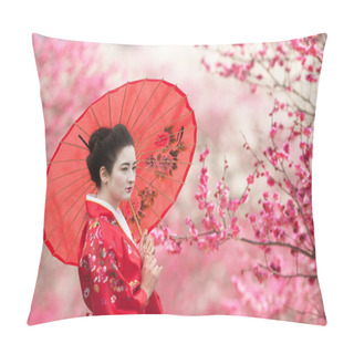 Personality  Geisha With Umbrella On A Flowering Tree Branches Background Pillow Covers