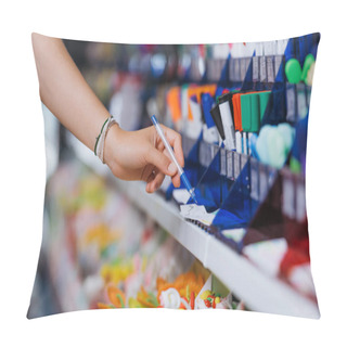 Personality  Partial View Of Student In Beaded Bracelets Trying Ball Pen In Stationery Shop Pillow Covers
