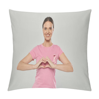 Personality  Happy Woman With Pink Ribbon, Grey Backdrop, Breast Cancer Awareness, Cancer Free, Heart Sign Pillow Covers