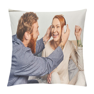 Personality  Music Enjoyment, Quality Time, Day Off Without Kids, Redhead Husband And Wife, Bearded Man Wearing Wireless Headphones On Woman, Cheerful Parents Alone At Home, Modern Lifestyle, Relationship  Pillow Covers