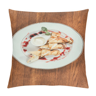Personality  Top View Of Sweet Crepe Pancakes With Jam And Sour-cream On Plate On Wooden Table Pillow Covers
