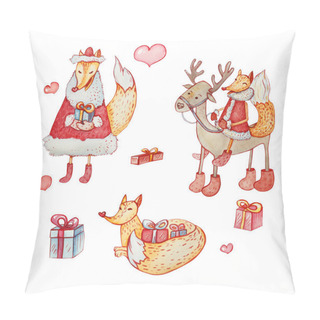 Personality  Set Of Three Sly Foxes And One Reindeer With Gift Boxes And Hearts. Hand-drawn Watercolor. Pillow Covers
