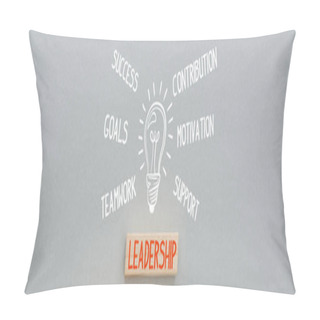 Personality  Panoramic Shot Of Light Bulb Illustration Near Success, Goals, Teamwork, Contribution, Motivation, Support Inscription And Wooden Block With Leadership Word On Grey Background, Business Concept Pillow Covers
