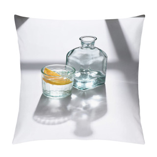 Personality  Close Up View Of Glass With Lemon Piece And Bottle With Water On White Surface Pillow Covers