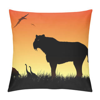 Personality  Dinosaurs Background With Smilodon Cat Pillow Covers