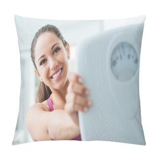 Personality  Happy Woman Showing A Scale Pillow Covers