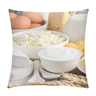 Personality  Fresh Dairy Products. Milk, Cheese, Brie, Camembert, Butter, Yogurt, Cottage Cheese And Eggs On Wooden Table. Pillow Covers