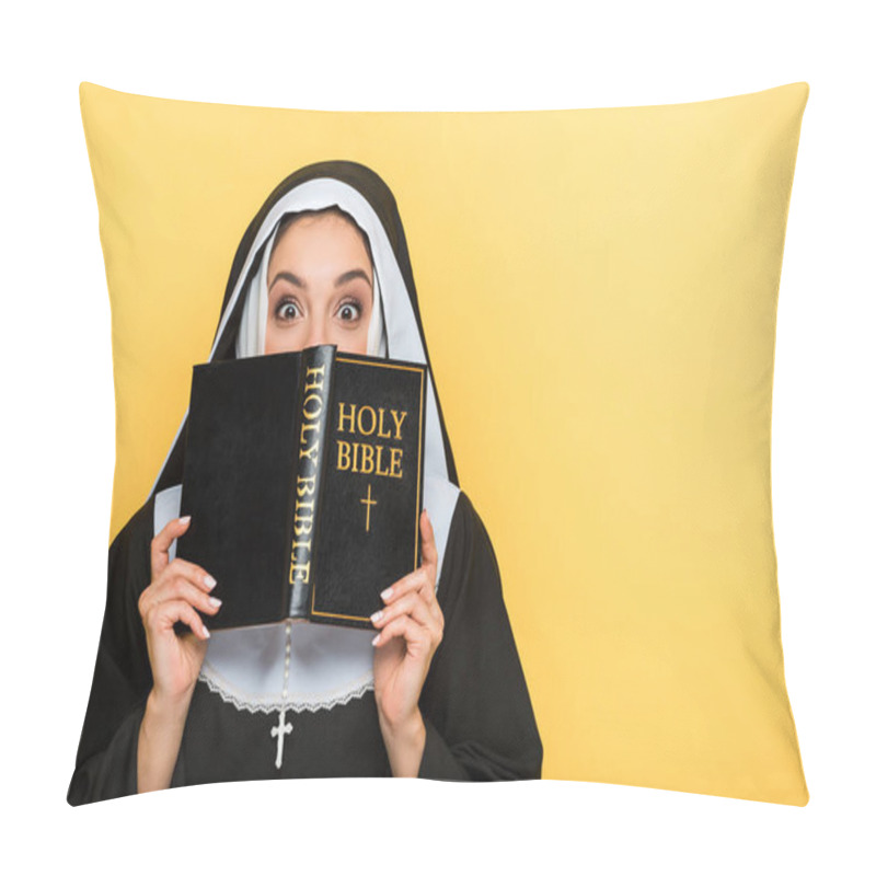 Personality  Shocked Nun Reading Holy Bible Isolated On Grey Pillow Covers