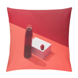 Personality  Fresh Berry Juice In Glass Bottle Near Ripe Raspberry On Cube On Red Background Pillow Covers
