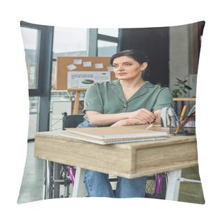 Personality  Good Looking Confident Businesswoman In Wheelchair Looking Away While Working Hard In Her Office Pillow Covers