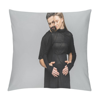 Personality  Bearded Man In Black T-shirt Hugging And Touching Belly Of Stylish And Fair Haired Pregnant Wife In Dress While Standing Together Isolated On Grey, Concept Of Birth Of Child Pillow Covers