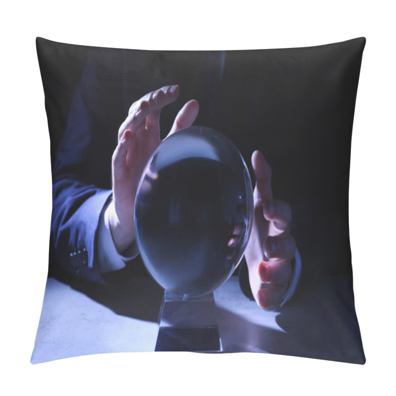 Personality  Businessman Using Crystal Ball To Predict Future At Table In Darkness, Closeup Pillow Covers