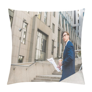 Personality  Handsome Young Businessman With Coffee To Go And Newspaper In Business District Pillow Covers