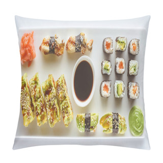 Personality  Close-up View Of Delicious Sushi Set With Ginger, Wasabi And Soy Sauce Isolated On White  Pillow Covers