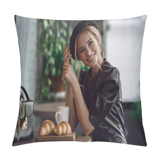 Personality  Young Elegant Woman Drinking Coffee In Traditional Cafe In Paris, France Pillow Covers