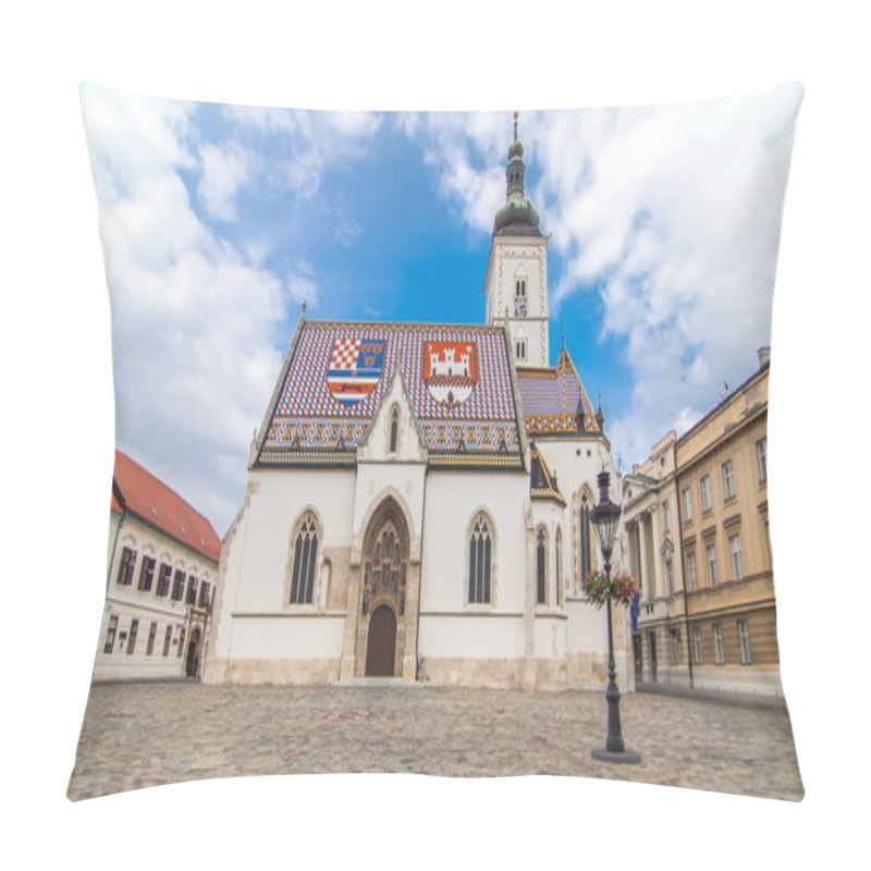 Personality  Church of St. Mark timelapse hyperlapse and parliament building Zagreb, Croatia. Cloudy sky pillow covers