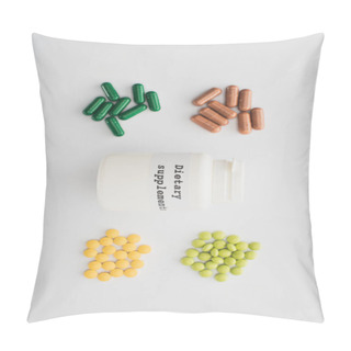 Personality  Top View Of Container With Dietary Supplements Lettering With Pills And Capsules On White Background Pillow Covers