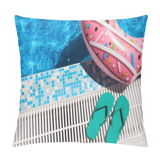 Personality  Pink Inflatable Ring And Green Rubber Flip-flops By Blue Outdoor Pool Water. Poolside Relaxation. Pillow Covers