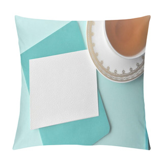 Personality  A Cup Of Tea On Aqua Teal Mint Background With Copy Space On A Blank Note Card Pillow Covers