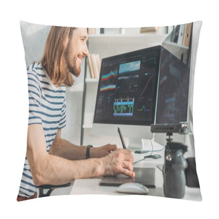 Personality  Side View Of Happy Filmmaker Working In Studio  Pillow Covers