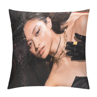 Personality  Top View Of Beautiful Asian Woman With Short Hair And Wet Hairstyle Posing In Black Gloves With Golden Rings While Looking At Camera On Dark Background, Young Model  Pillow Covers