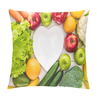 Personality  Top View Of Fresh Fruits With Vegetables And Empty Heart Shaped Plate On Wooden Table    Pillow Covers