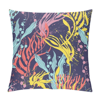 Personality  Seamless Pattern, Colored Seaweed And Coral In Sea Foam. Deepwater Algae Coral Pink, Blue, Purple And Yellow Colors. Vector Graphic Background With Marine Theme. Pillow Covers